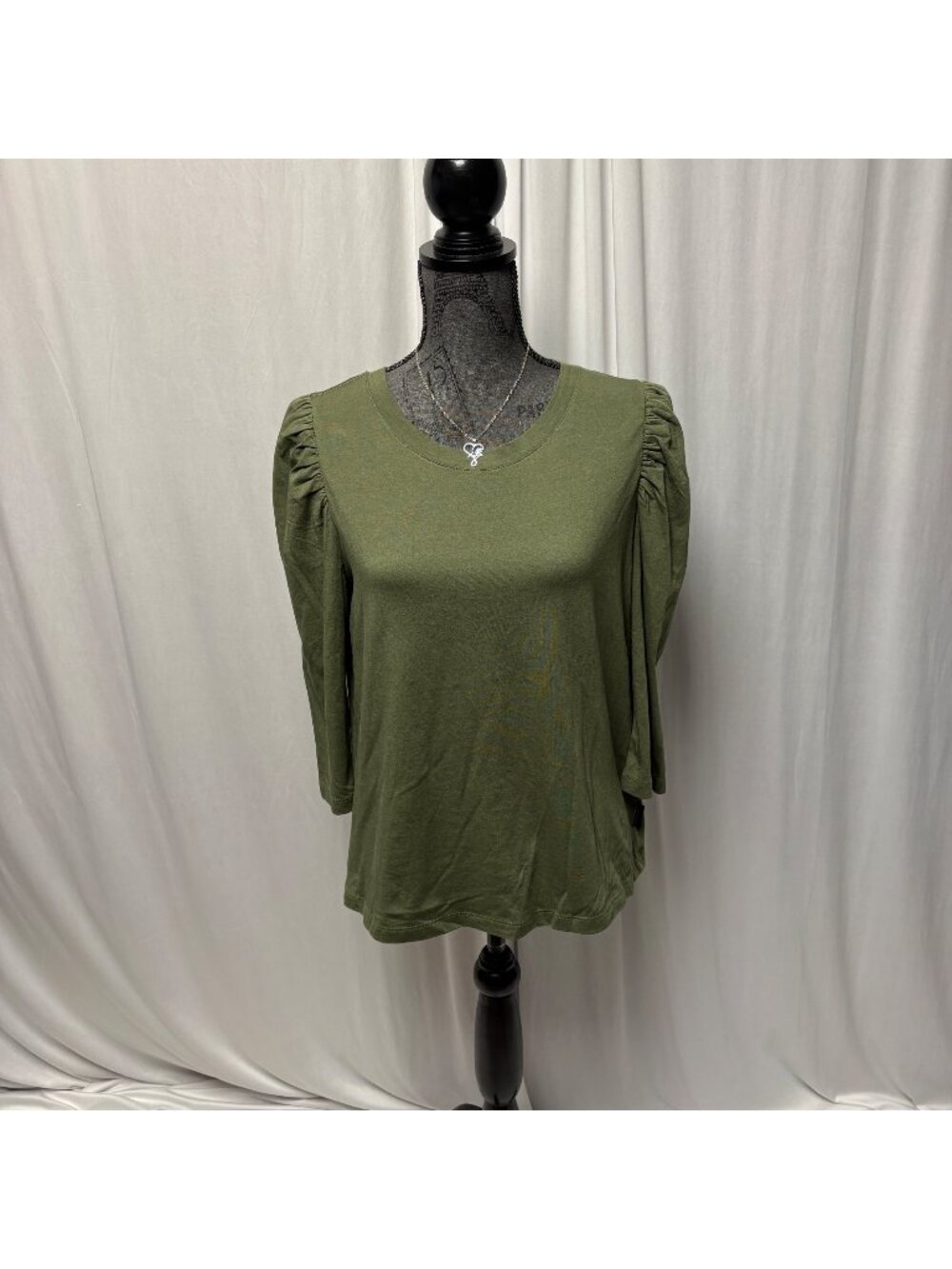 Calvin Klein Top Womens Size Large Olive Green Long Sleeve Ruched Shoulder